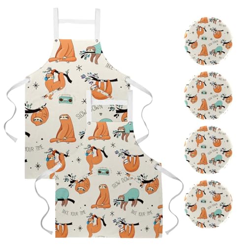 Tablier de cuisine lot de 2 avec broches style paresseux multicolore