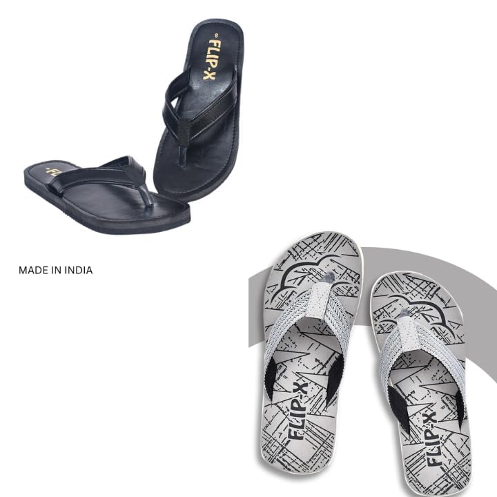 Image of Flip X Men's Slippers Combo Pack (Black Faux Leather & Grey Natural Rubber) | Comfortable Wear Flip-Flops with TPR Sole | Casual, Indoor & Outdoor Use