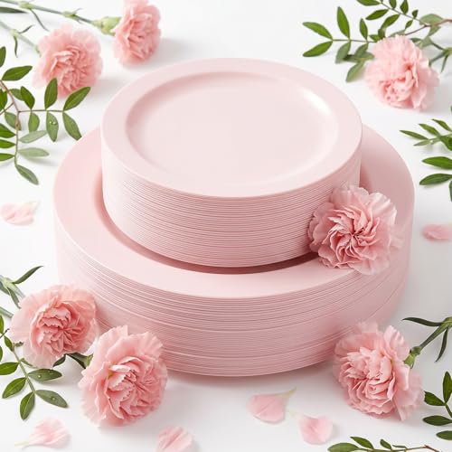 Moretoes 100PCS Pink Plastic Plates Disposable 10inch Dinner Plates and 7inch Dessert Salad Plates Heavy Duty Plates for Wedding Party and Birthday