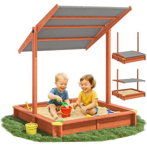 SPIELWERK® Bac à Sable en Bois Sami 120x120cm Tapis de Sol Toit réglable Protection UV 50+ Jeu pour Enfants extérieur Jardin