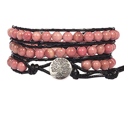 PANYSILVER Healing Wrap Bracelet Prayer Bead Charm Meditation Wrap Leather Bracelets Knot Cord Adjustable Wrap Bracelets for Women (Pink Rhodonite Beads)