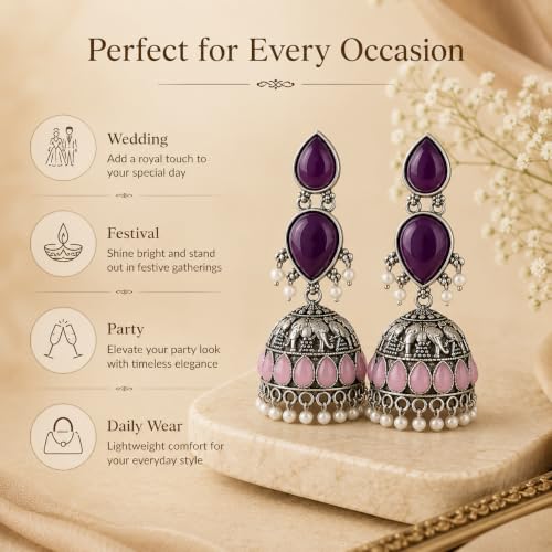Image of Oxidised Silver Jhumka Earrings with Purple Stones, Pink Teardrop Accents and Pearl Drops