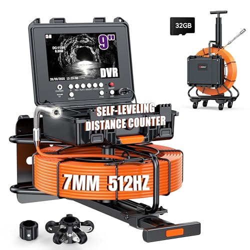 Hialemi Portable 9'' Sewer Camera with 512Hz Transmitter - 7MM/ 164Ft/ 50M Self Leveling Drain Camera & Meter Counter & 5X Zoom - 145° Plumbing Pipe Inspection Cam - 1080P IPS Screen & DVR 32GB
