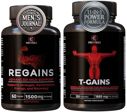 Revolution Science T-Gains Testosterone Booster for Men x Regains HGH Supplements for Men & Women (60 Count) | Anabolic Muscle Builder & Recovery Stack | Tongkat Ali, Fadogia, Shilajit | Made in USA