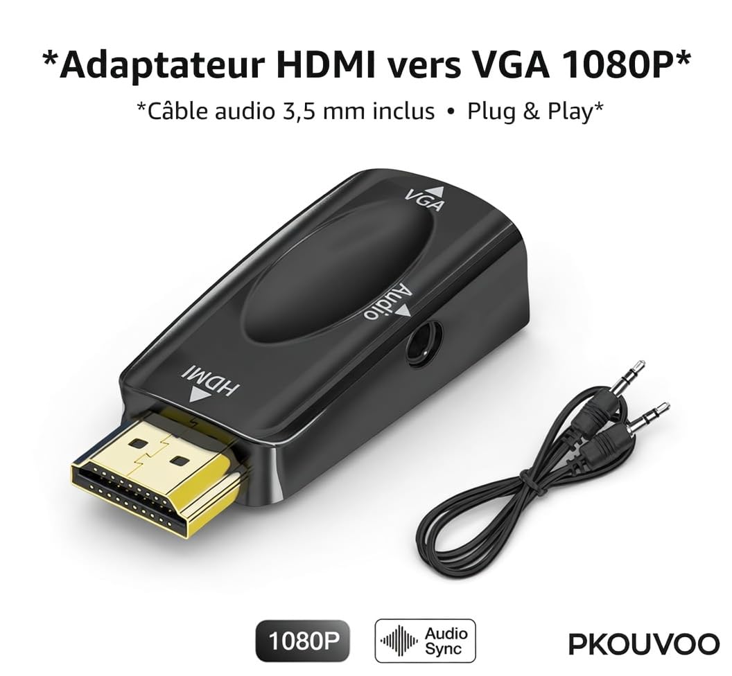 Adaptateur HDMI vers VGA Audio 3.5mm Convertisseur HDMI mâle VGA Femelle 1080p