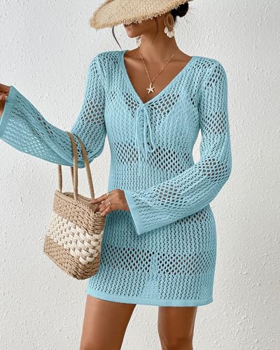Image of Bsubseach Women Swimsuit Crochet Coverup Long Sleeve V Neck Beach Dress