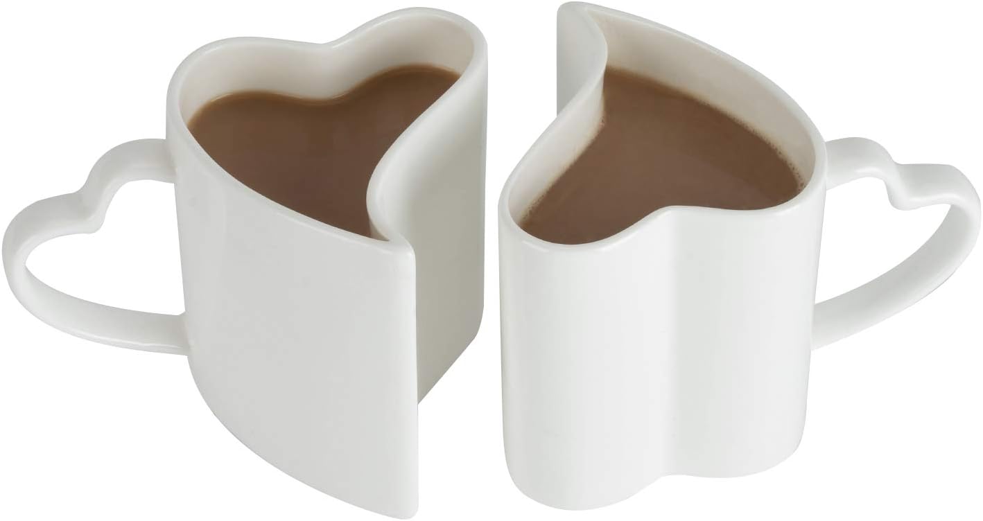 Couple Coffee Mug Ceramic Set of 2 Tea Mugs Espresso Cups 250 Milliliter 8 Ounce Heart Shape, Mr and Mrs Coffee Tea Cups Bone China, Fit for Home, Office, White