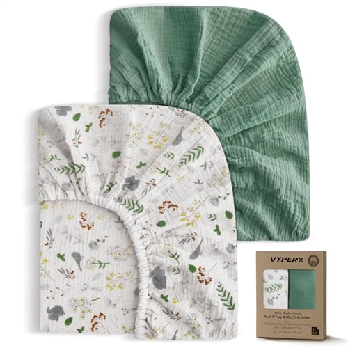 Image of VYPERX Muslin Pack n Play Sheets| 24"x 38", 100% Cotton Mini Crib Fitted Cover Sheet, Fit for Graco Pack n Play and Other 27" x 39" Playard Mattress, Neutral Color for Baby, 2 Pack Roman Green