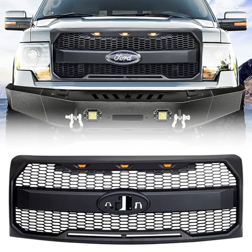AMERICAN MODIFIED Raptor Style Mesh Grill with Amber LED Lights and Emblem Base Compatible with 2009 to 2014 Ford F150 Models Matte Black