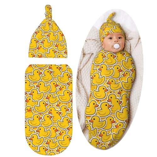 Image of Cute Rubber Duck Baby Stuff Newborn Swaddle Blankets Soft Swaddling Blanket With Hat Sets Gifts For Infant Boys Girls