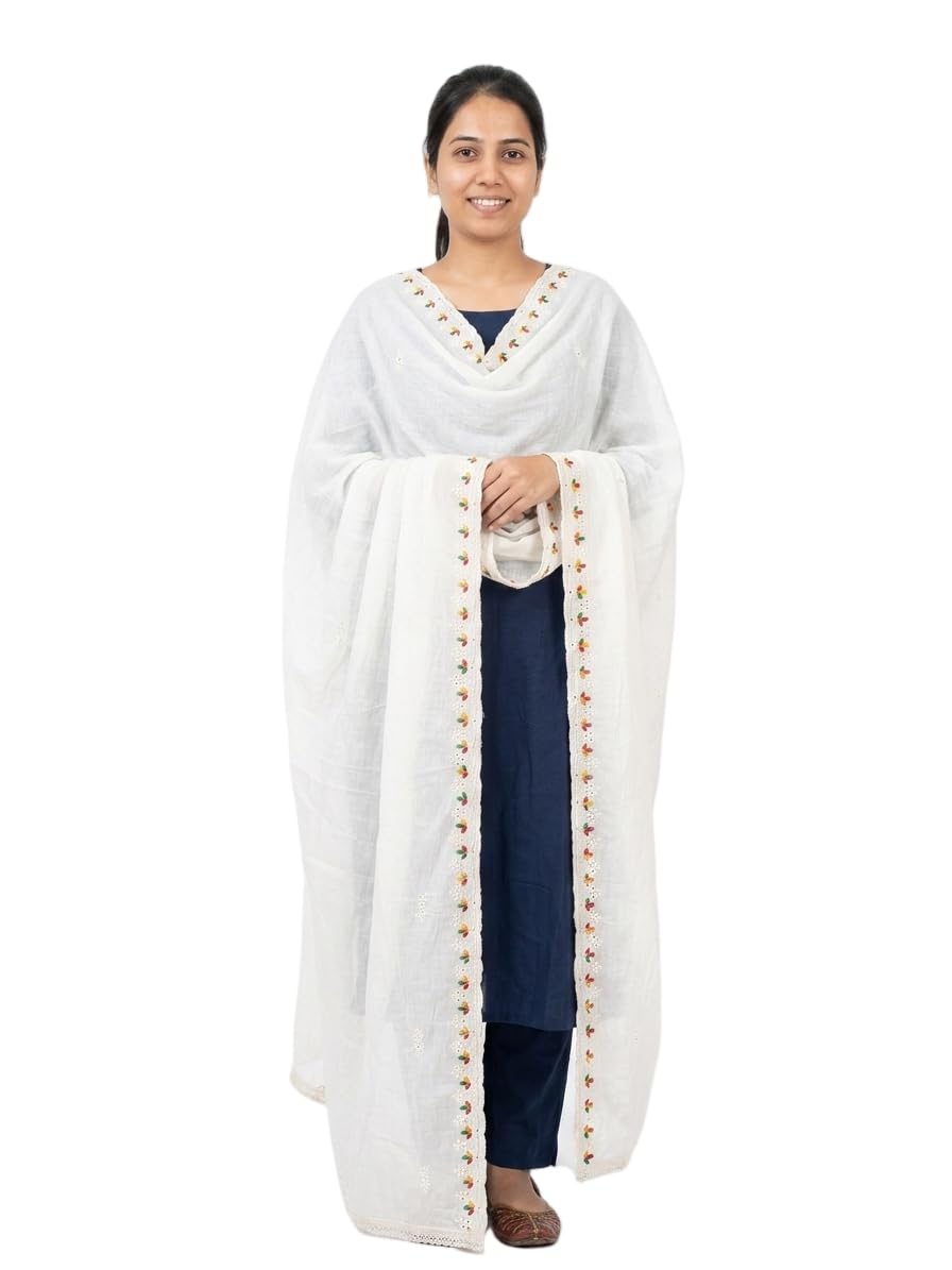 White Embroidered Cotton Dupatta, khadi White, Floral Border Design, Lightweight, 2.4 m-picture-27