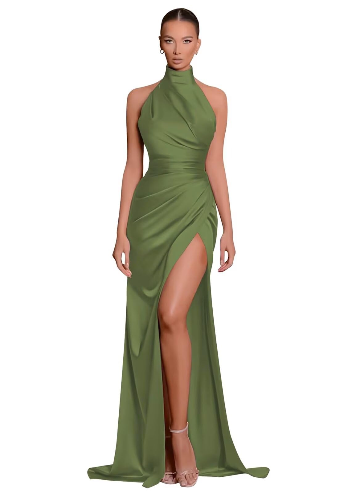 Clothfun Women's Halter Satin Bridesmaid Dresses Long Mermaid Prom Dress for Women Formal Gown with Slit