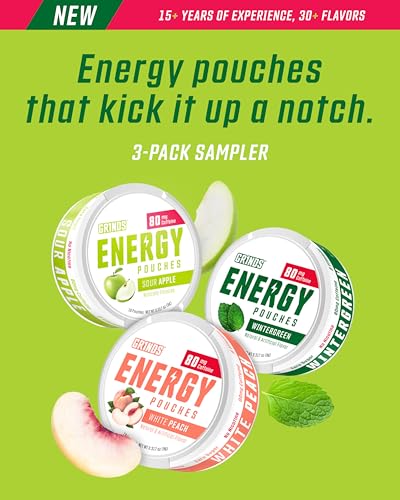 GRINDS Energy Pouches - Natural Caffeine Pouches - Contains B-Vitamins, Sugar-Free, & 0 Calories - 80mg of Caffeine in Each Pouch - Wintergreen, Peach, & Sour Apple - 3 Pack, 15 Pouches Per Can
