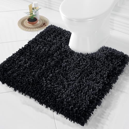 Image of Yimobra Toilet Rugs U Shaped Washable, Extra Thick Soft Absorbent Chenille Contour Bathroom Rugs for Toilet 24x24 Inch, Quick Dry Non Slip Toilet Mat for Bath Floor, Black