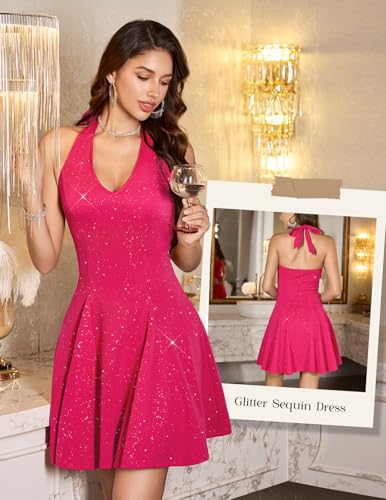 Image of HomRain Glitter Sparkle V Neck Cocktail Dress for Women 2026 A Line Backless Halter Sequin Homecoming Evening Party Dresses