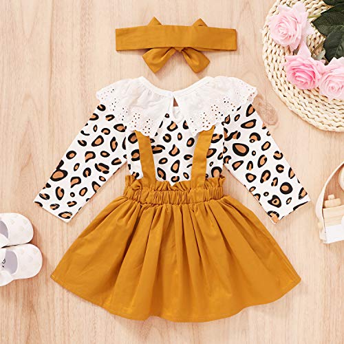 Newborn Baby Girl Skirts Set Leopard Prints Ruffle Long Sleeve Romper + Suspender Dress + Headband Fall Clothes (Yellow, 3-6 Months)