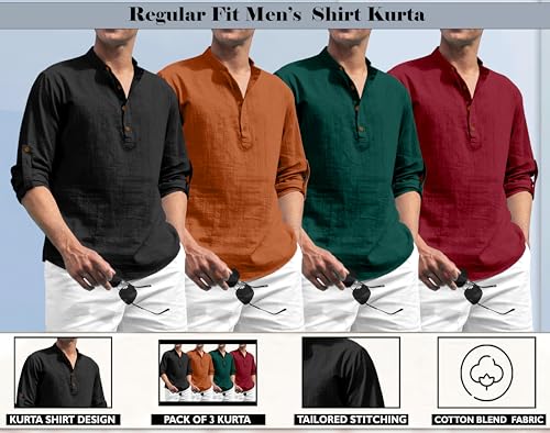 Image of Zombom Combo of Men's Solid Cotton Polyester Blend Full Sleeve Mandarin /Chinese Collor Straight Kurta Shirt (Pack of 4)