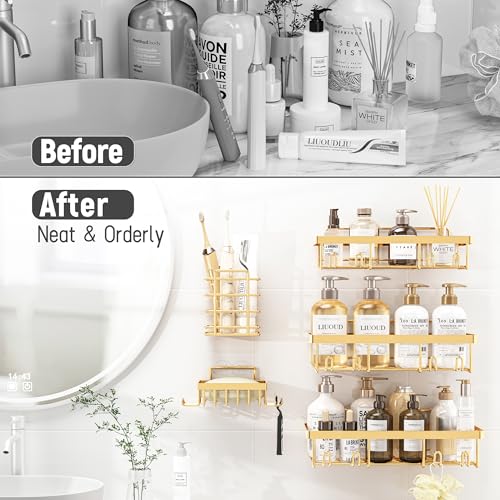 Image of Liuoud 5 Pack Shower Caddy Organizer Rack Shelf for Inside Shower, Self Adhesive Wall Storage Basket Rustproof Stainless Steel Shampoo Holder Bathroom Accessory Decor Set, Gold