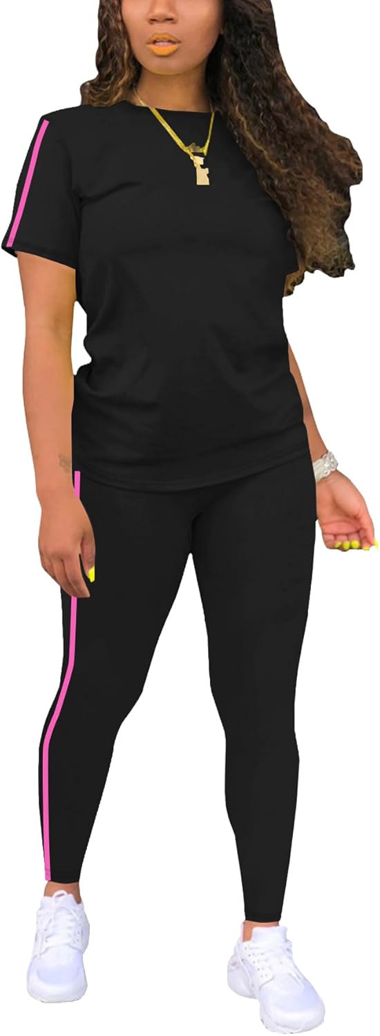 Women's 2 Piece Outfits Sweatsuit Summer Workout Striped Short Sleeve Long Sweatpants Casual Jogging Lounge Set