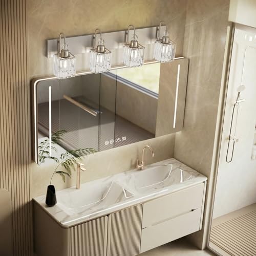 Image of Ralbay Crystal Brushed Nickel Vanity Light for Bathroom 4-Light Modern Bathroom Light Fixtures