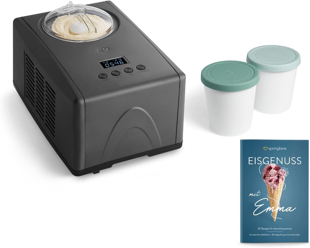 SPRINGLANE Máquina para hacer helados caseros EMMA, Ice cream maker, Heladera con compresor 1,5 l, recipiente extraíble y pantalla LCD + Libro de recetas