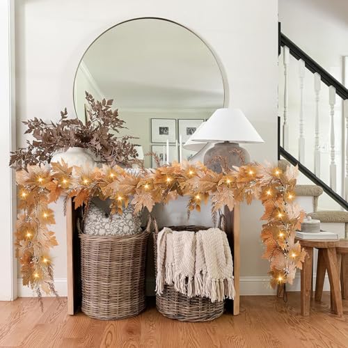Image of NUTIKAS Neutral Fall Garland with Lights - 6 Ft Lighted Fall Felt Leaves for Mantle Outdoor Decor Light Up Autumn Leaf for Home Fireplace Decorations