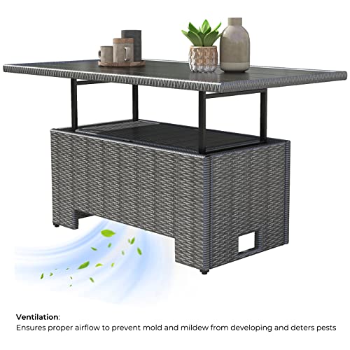 Grand Patio Outdoor & Indoor Coffee Dining Table - All-Weather Resin Wicker, Adjustable Steel Slat Lift Top, Storage Shelf - Gray #TOP3