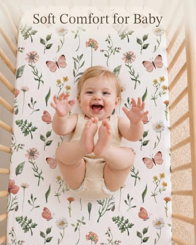 Image of Crib Sheets for Boys and Girls, 2 Pack Fitted Baby Sheets for Standard Toddler Mattress 28 inch x 52 inch, Soft Breathable Jersey Knit Baby Bedding (Butterfly Garden)
