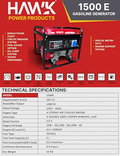 Image of HAWK 1000W Portable Petrol Generator with Recoil Start, AVR Technology, Copper Coil, Portable Design, Fuel Efficient, Ideal for Home Backup, Small Shops & Outdoor Power Needs
