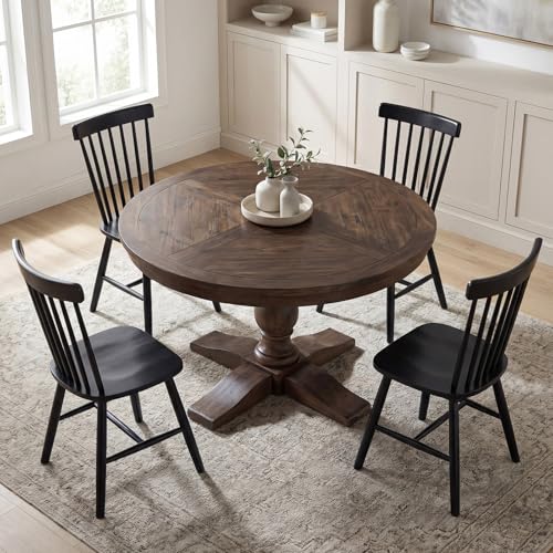 DM Furniture 60 Round Dining Table Reclaimed Wood Kitchen Table for 6-8 Farmhouse Circle Kitchen Table with Pedestal Curved Leg for Kitchen Dining Room Restaurant - Weathered Brown