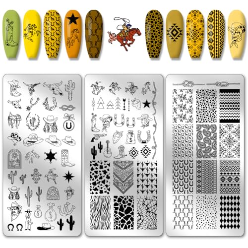 PH PandaHall 3pcs Wild West Nail Stamping Plates, 88 Patterns Western-Theme Nail Art Templates Hat Boots Nail Art Stencil Stainless Steel Nail Image Plates for Women Nail Design Print Manicure Salon