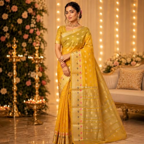 Image of Sarees for Women Wear Organza Silk Banarasi Sari Kanjivaram Pure Paithani Wedding Original Kanchipuram Pattu Sadi with Blouse Piece 2026 (KeriFlower)
