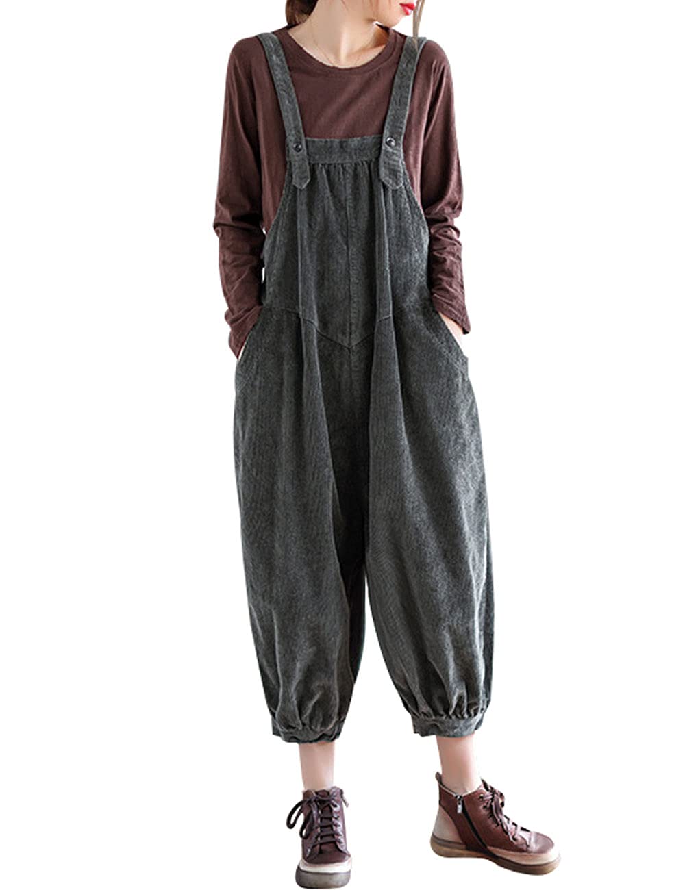 Bigassets Women's Vintage Dungarees Baggy Corduroy Overalls Jumpsuits Green M