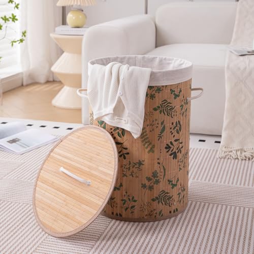 Image of HOKIPO Eco-Friendly Foldable Bamboo Laundry Basket Hamper with Lid, Large, 61 Litre, Fern Leaves (AR-5752), Brown