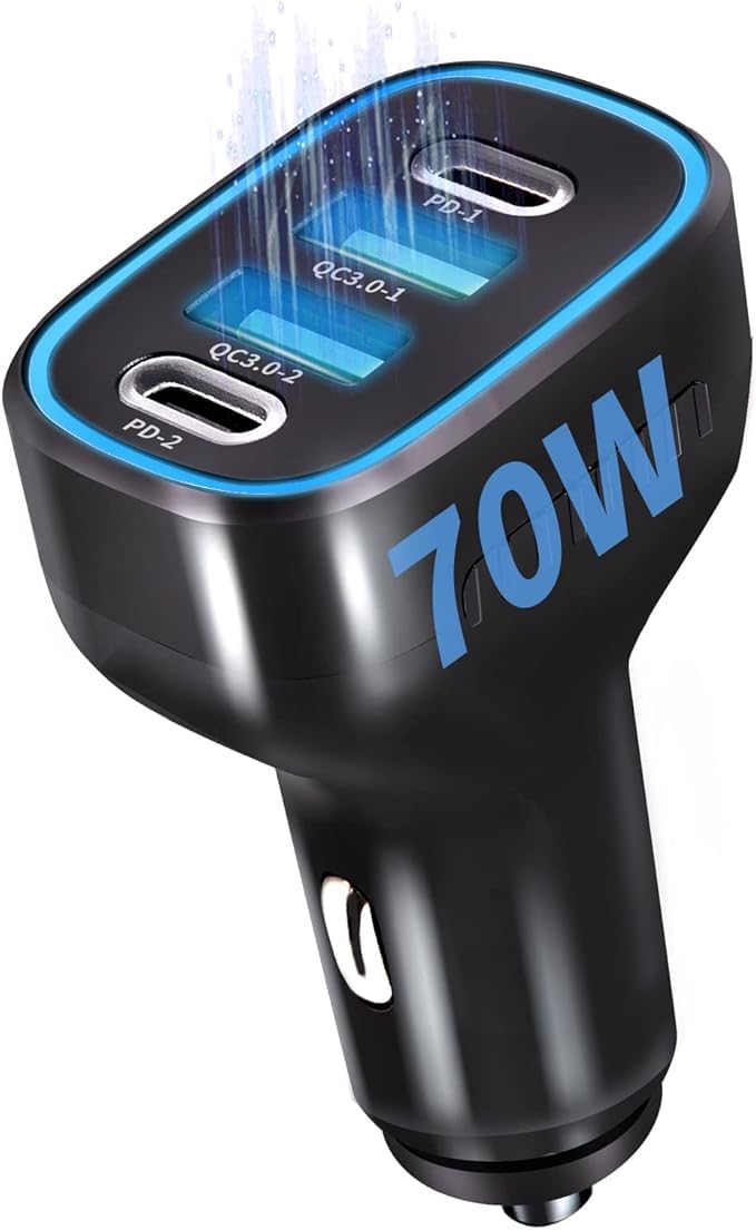 70W Car Charger USB C, 4 Ports [ PD 35W & QC3.0] Mini in Car Phone Charger Adapter, 12V USB Socket Cigarette Lighter USB Charger Fast Charging for iPhone 16 Pro Max, Samsunng S23, Google Pixel