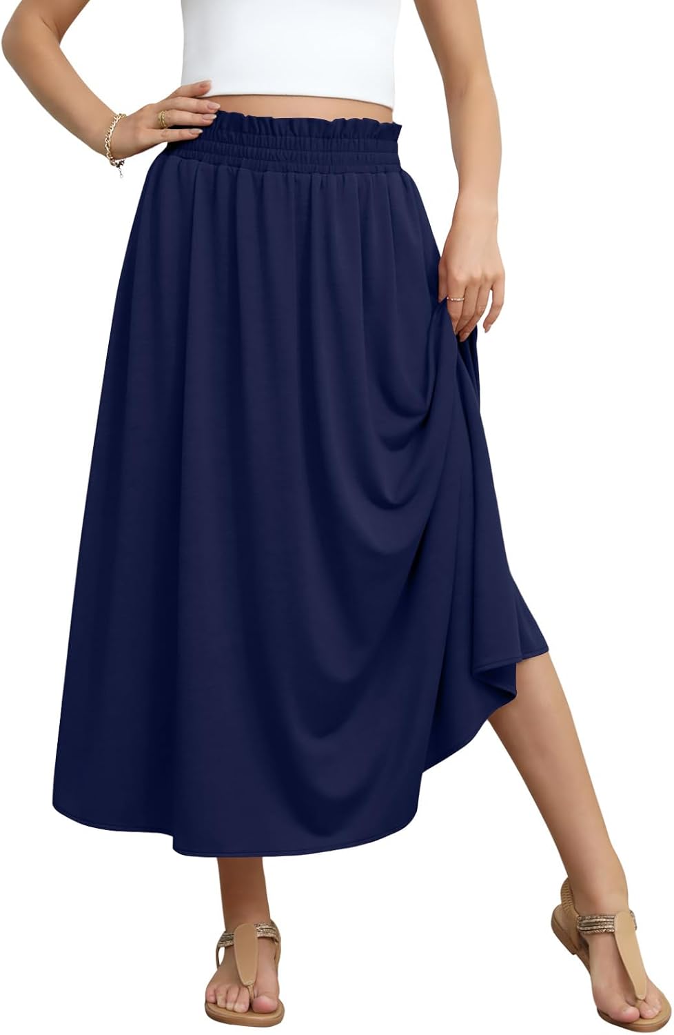 DouBCQ Womens Long Skirt Casual Elastic High Waist Flowy Pleated Maxi Skirts with Pockets - Image 5