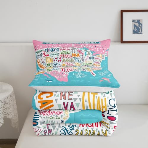 Image of Feelyou Blue Pink USA Map Bedding Set Queen, Geography Comforter Set for Kids Boys Girls Teens Educational Map Comforter Learning Educational Duvet Set 3Pcs
