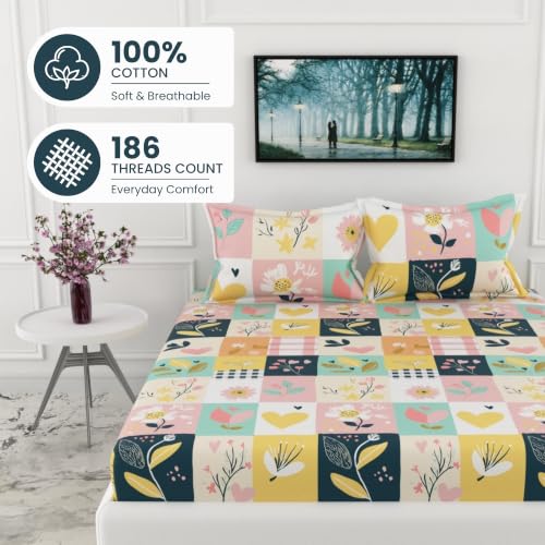 Image of LORETO - A QUALITY LINEN BRAND 186 TC 100% Pure Cotton King Size Fitted Bedsheet with 2 Pillow Covers for 78 x 72 Inch Mattress, All-Around Elastic, 8 Inch Deep Pocket, Pastel Garden