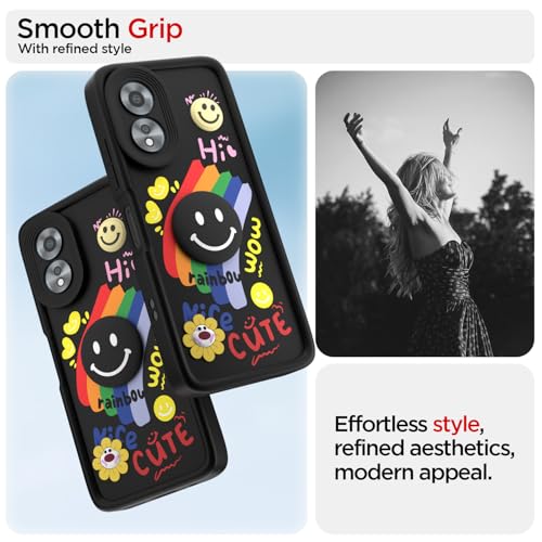 Image of Pikkme Back Cover for Oppo A38 4G / Oppo A18 4G | Soft Silicone| Cute Rainbow Smile & 3D Cartoon Flower Design | Shockproof Raised Camera Protection Bumper Case (Black)