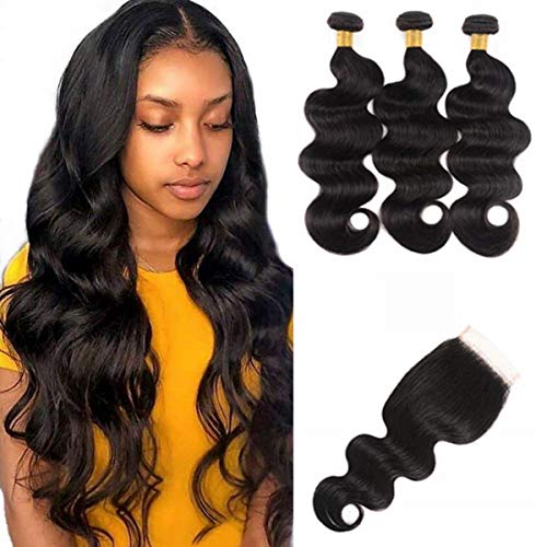 NUOF 9A Brazilian Body Wave 3 Bundles with Closure (12 14 16 + 10inch Free Part)100% Unprocessed Virgin Human Hair Weave Bundles with 4x4 HD Lace Closure