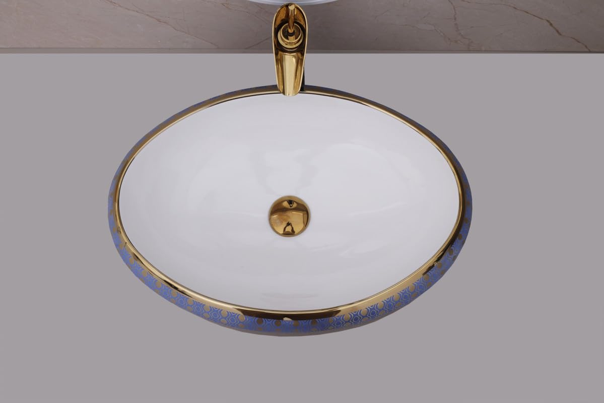 HISRE Countertop Wash Basin 24"x16"x5.5" | Modern Golden with Blue Ceramic Oval Sink | Elegant Bathroom Basin for Home, Office & Hotels, photo 2 of 4