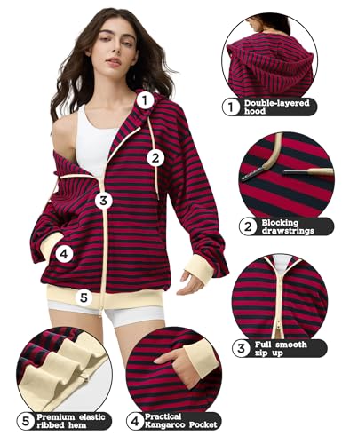 FAIABLE Striped Zip Up Hoodie Women Oversized Sweatshirt Hoodies Zipper Sweaters Pullover Cotton Vintage Preppy Shirt Outfits