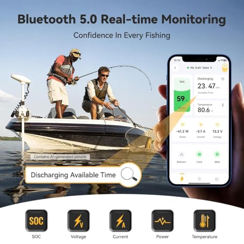 Image of Power Queen 12V 125Ah Lithium Battery, Group 27 Bluetooth LiFePO4 Battery with Low-Temp Protection, 1600Wh Energy Max. 15000 Cycles for RV, Solar System, Trolling Motor