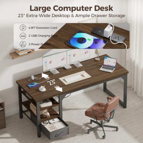 Image of Mericonia 63 inch Computer Desk with Drawer, 1.2 inch Thick Reversible Office Desk | Modern Writing Table with Power Outlets & Storage Shelves, Heavy Duty Industrial Executive Desk for Home Bedroom Study Work