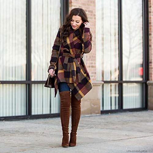 Chicwish Women's Turn Down Shawl Collar Open Front Long Sleeve Plum Check Asymmetric Hemline Wool Blend Coat, Size L #TOP4