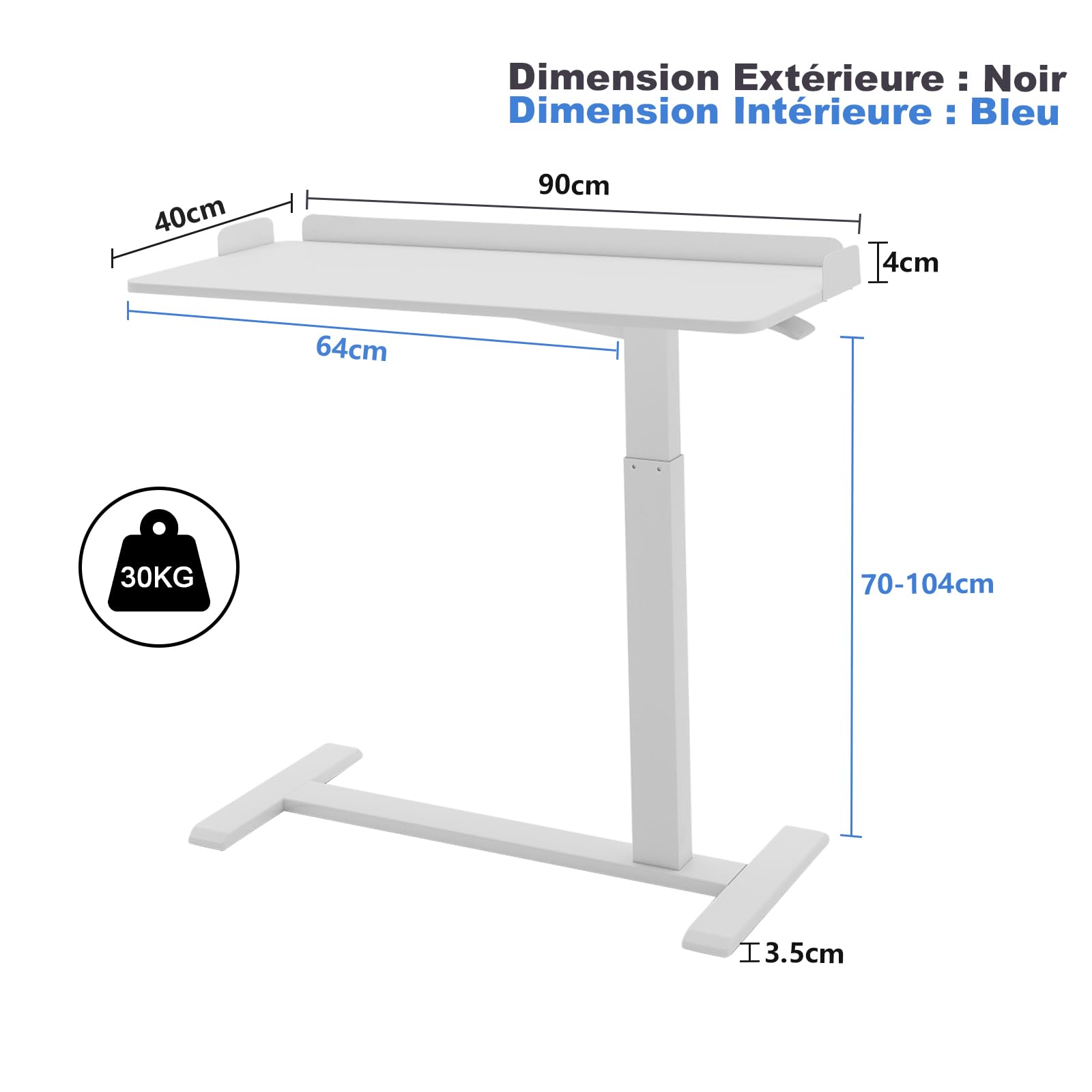 PUNCIA Table de Lit allongée de 90cm avec 4 Roues Bureau Debout (Blanc)