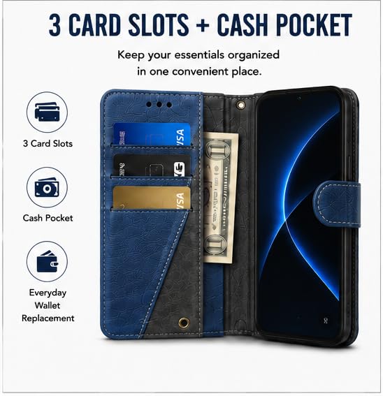 Image of HushLush Premium Flip Cover Compatible for Redmi A7 Pro | Shockproof Wallet Style Protective Case with Card Slots, Magnetic Closure, Stand Function & Full Body Protection (Dual Tone Metallic) (Blue)