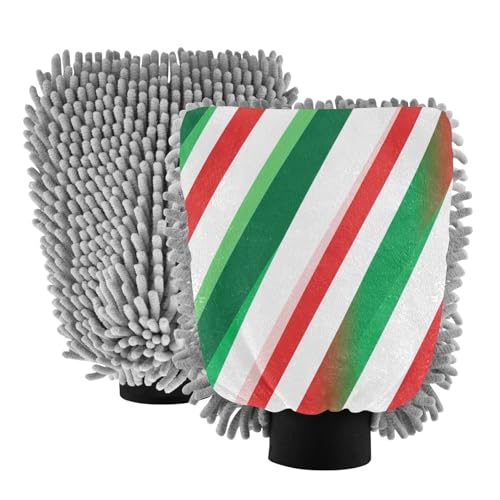 STAYTOP Green and Red Diagonal Striped Car Wash Mitt Microfiber, 2Pcs Scratch Free Lint-Free, Premium Chenille Microfiber Mitt Car Wash Brush-L