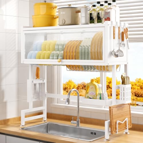 Image of HomeCloud Over-The-Sink Dish Drying Rack with Dustproof Flip Cover Door | Multifunctional Adjustable Metal Kitchen Countertop Organizer (White, 85x80x29Cm)