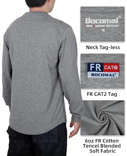 Image of BOCOMAL FR Shirts for Men Long Sleeve EX Soft Flame Resistant Henley CAT2 | NFPA2112 6oz Midweight Cotton Knit Heather Series,Moisture-Wicking /Breathable,Chest Pocket,Rib-Knit Cuffs,Summer Work T Shirt